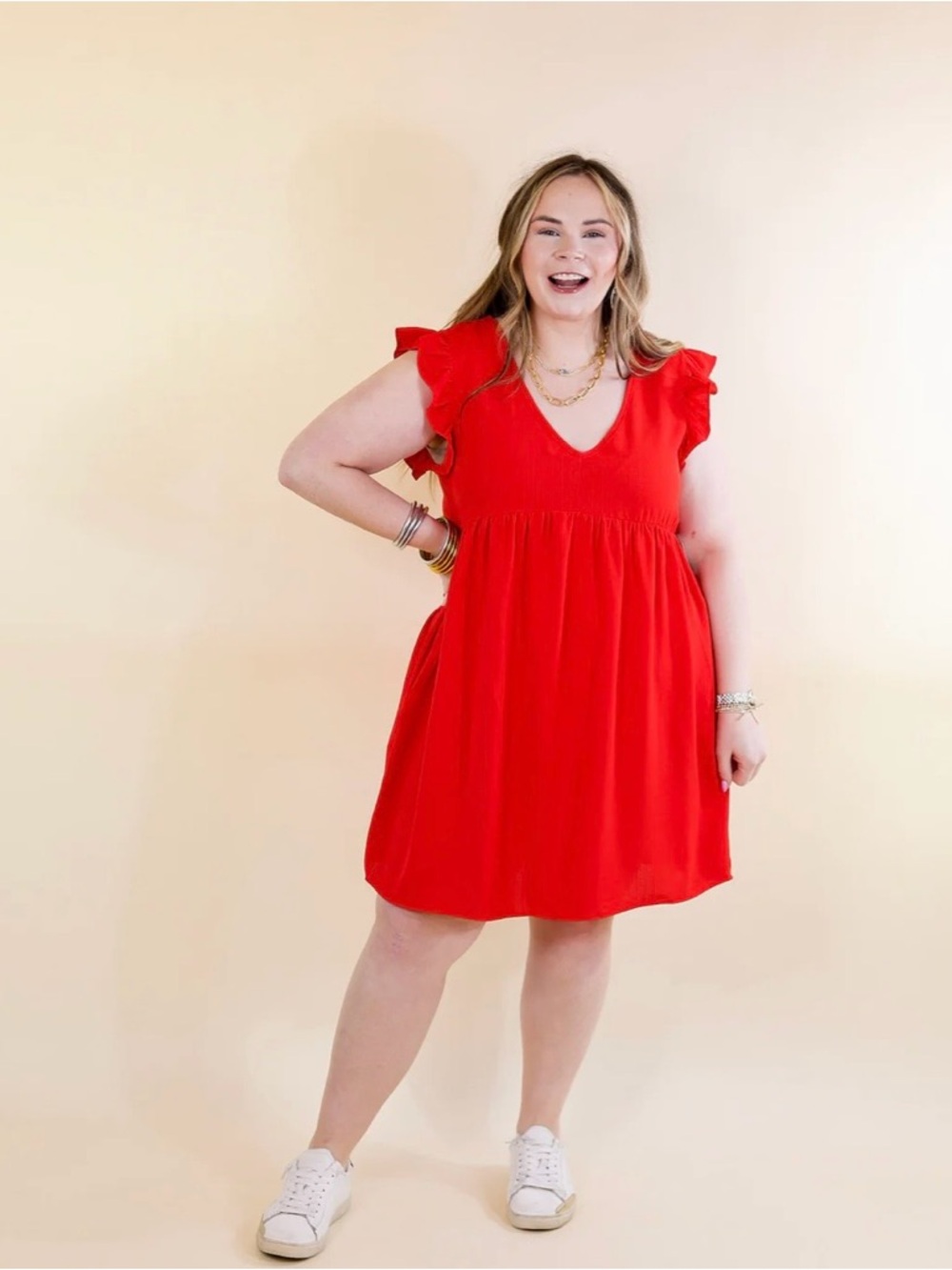 Umgee Coral-Red Ruffle Sleeve V-Neck Mini Dress - Picture 2 of 8